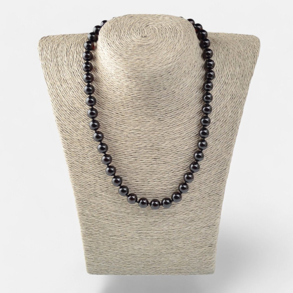 Pressed amber necklace 9 mm beads Dark cherry-Amber necklaces-Home